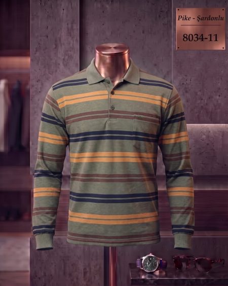 Pike Şardonlu Ringel Cepli Polo Yaka Uzun Kollu Tişört — 8034-11