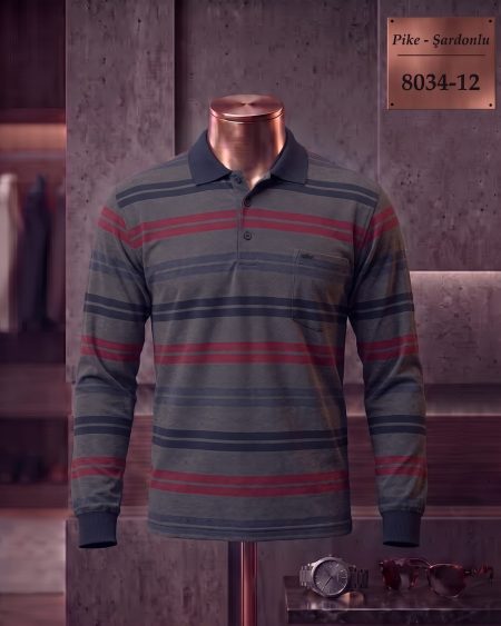 Pike Şardonlu Ringel Cepli Polo Yaka Uzun Kollu Tişört — 8034-12