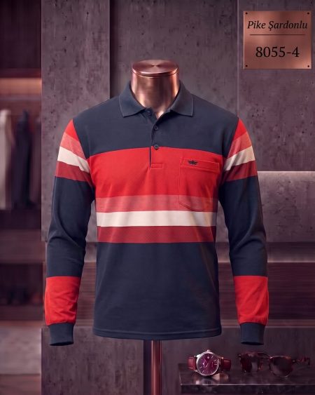 Pike Şardonlu Ringel Cepli Polo Yaka Uzun Kollu Tişört — 8055-4