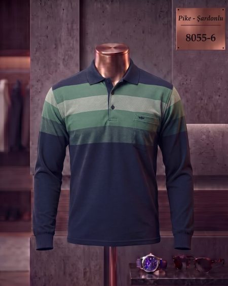 Pike Şardonlu Ringel Cepli Polo Yaka Uzun Kollu Tişört — 8055-6
