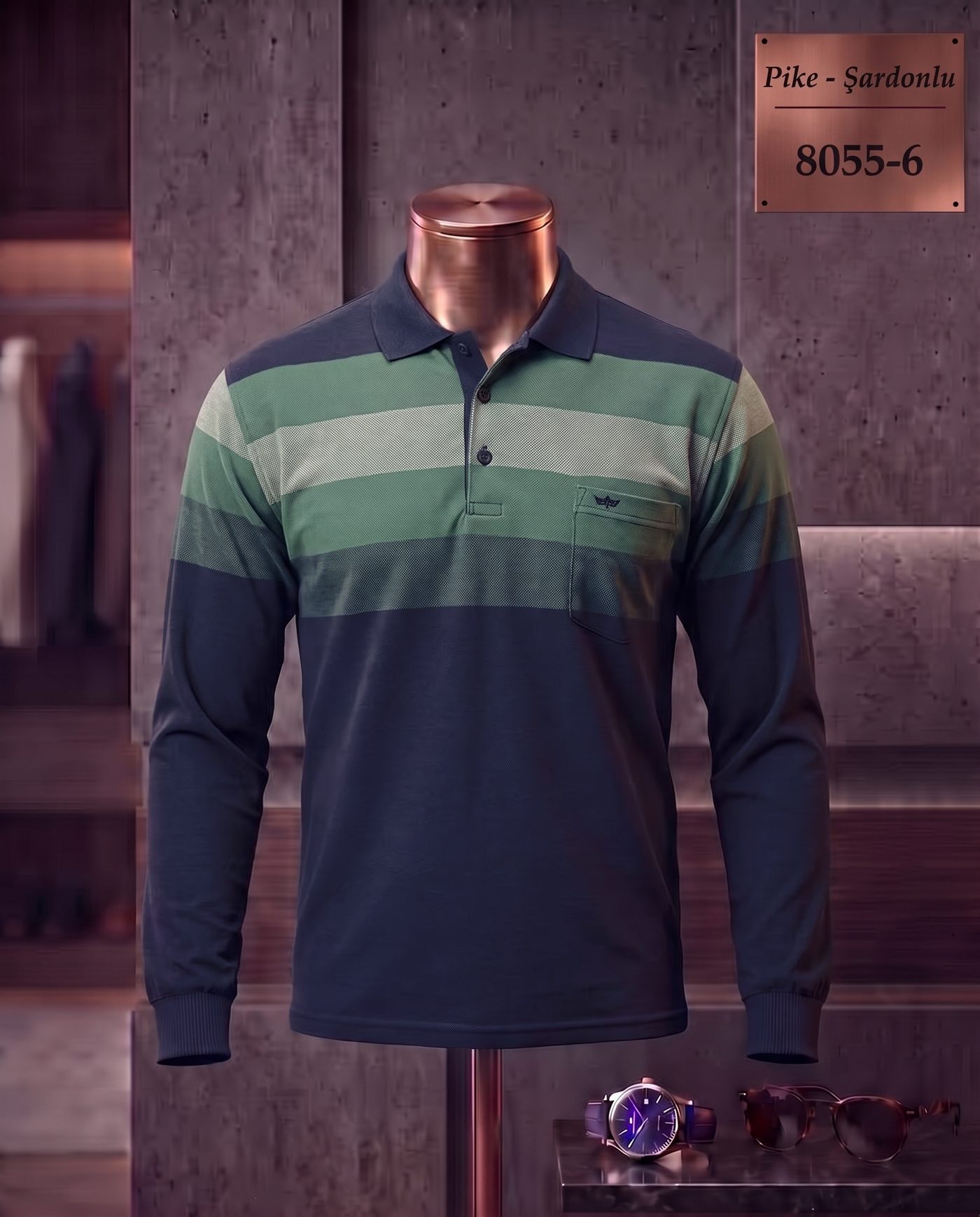Pike Şardonlu Ringel Cepli Polo Yaka Uzun Kollu Tişört — 8055-6