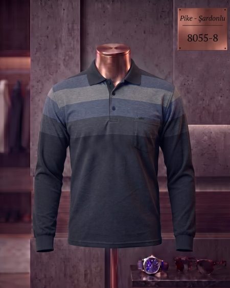 Pike Şardonlu Ringel Cepli Polo Yaka Uzun Kollu Tişört — 8055-8