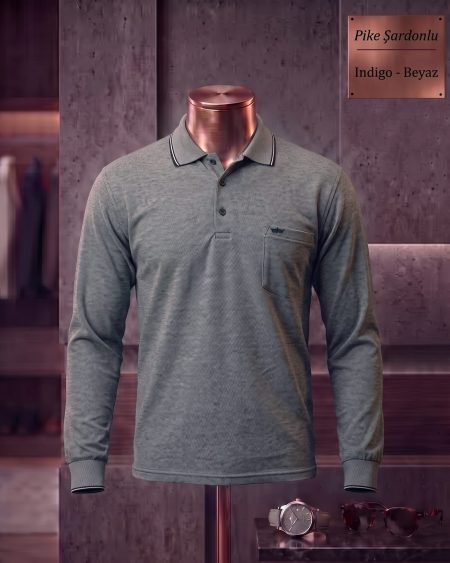 Brushed Piqué Plain Long Sleeve Polo Shirt with Pocket — Indigo, White