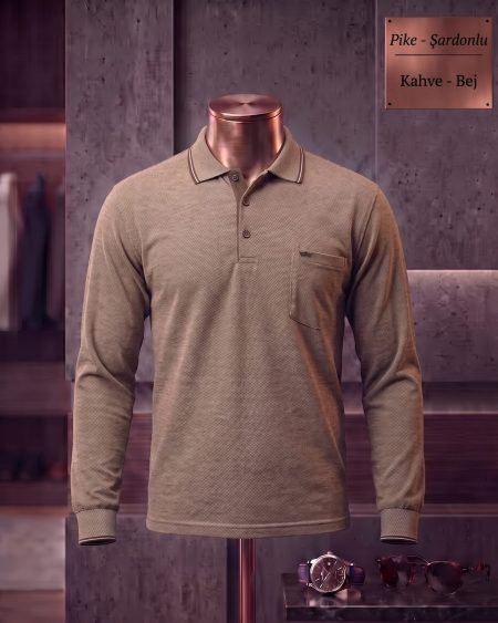 Brushed Piqué Plain Long Sleeve Polo Shirt with Pocket — Brown, Beige