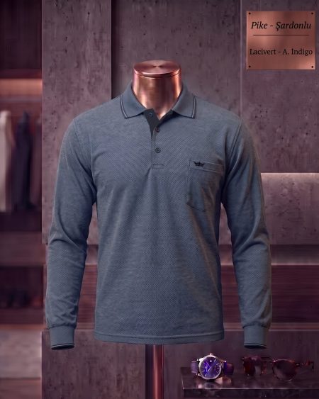 Brushed Piqué Plain Long Sleeve Polo Shirt with Pocket — Navy, Light Indigo