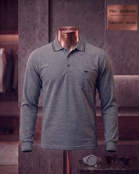 Brushed Piqué Plain Long Sleeve Polo Shirt with Pocket — Navy, White