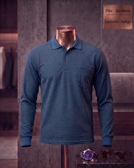 Brushed Piqué Plain Long Sleeve Polo Shirt with Pocket — Navy, Indigo