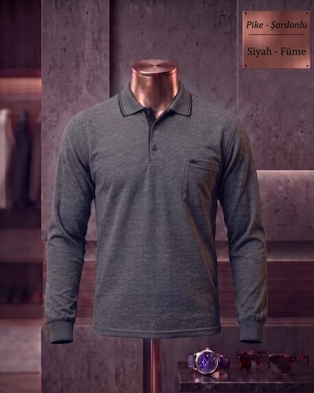 Pike Şardonlu Düz Cepli Polo Yaka Uzun Kollu Tişört — Siyah, Füme