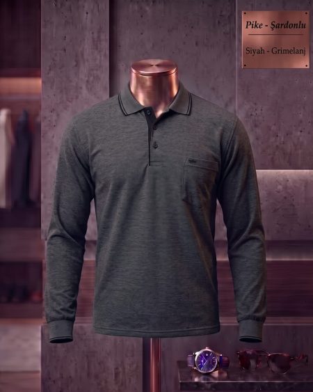 Brushed Piqué Plain Long Sleeve Polo Shirt with Pocket — Black, Grey Melange
