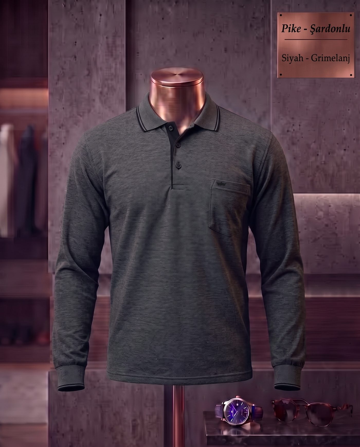 Brushed Piqué Plain Long Sleeve Polo Shirt with Pocket — Black, Grey Melange