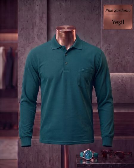 Pike Şardonlu Düz Cepli Polo Yaka Uzun Kollu Tişört — Yeşil