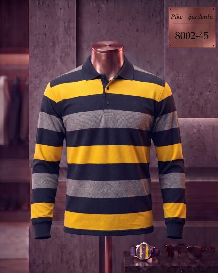 Brushed Piqué Striped Long Sleeve Polo Shirt — 8002-45