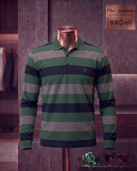 Brushed Piqué Striped Long Sleeve Polo Shirt — 8002-60