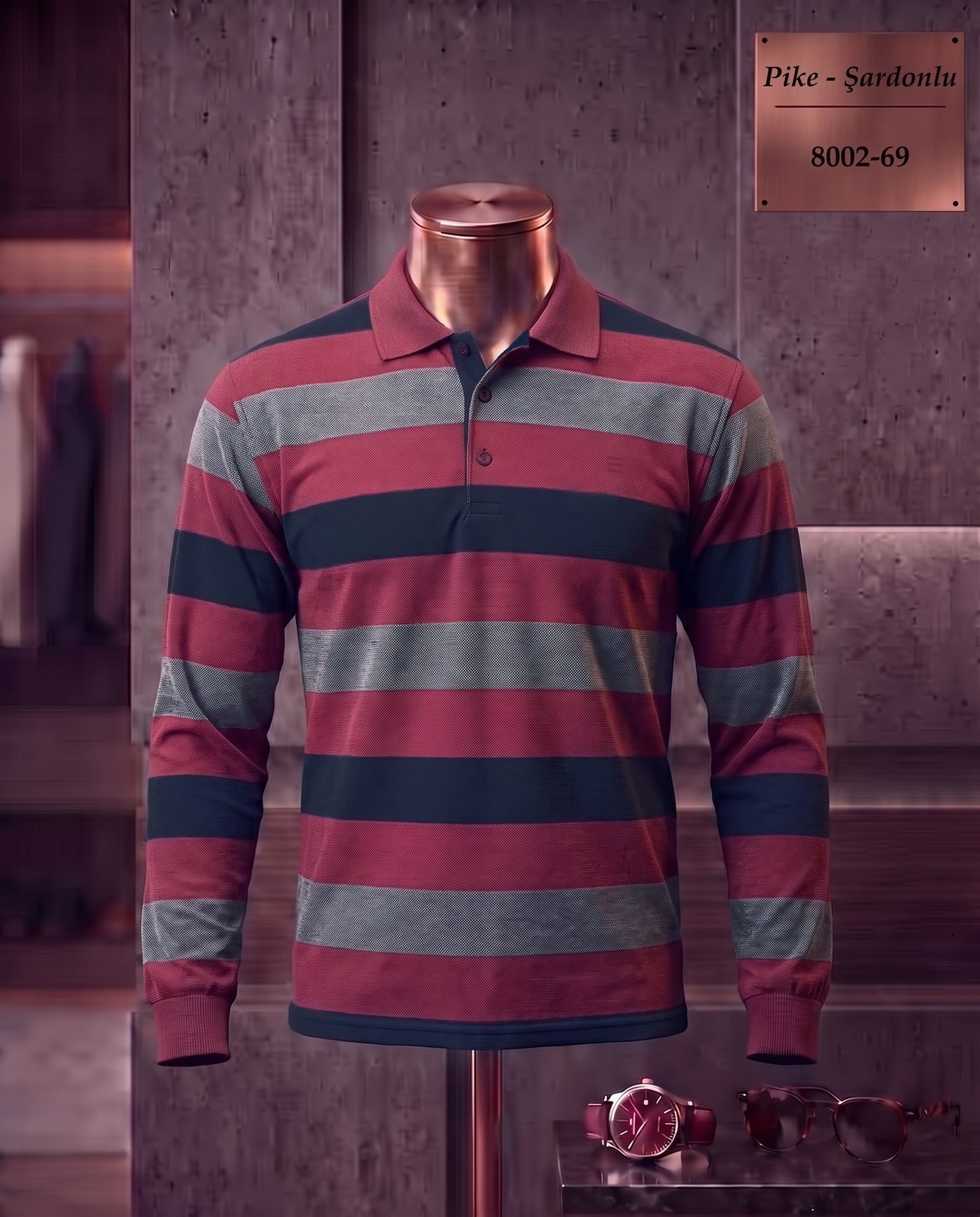 Pike Şardonlu Ringel Polo Yaka Uzun Kollu Tişört — 8002-69