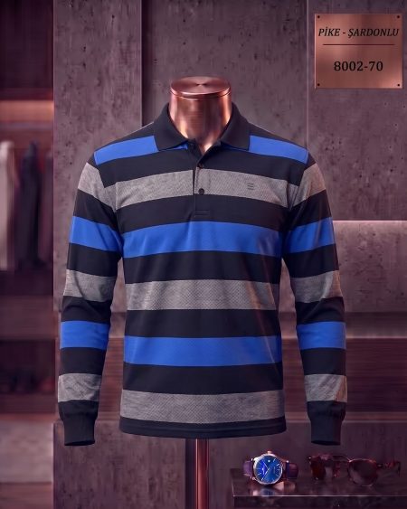 Brushed Piqué Striped Long Sleeve Polo Shirt — 8002-70