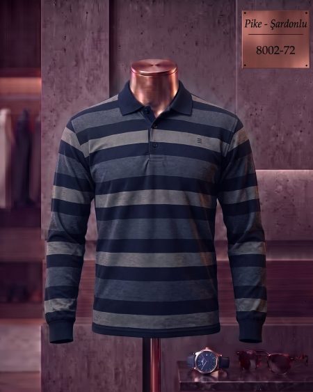 Brushed Piqué Striped Long Sleeve Polo Shirt — 8002-72
