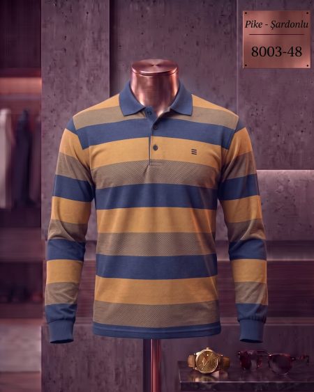 Brushed Piqué Striped Long Sleeve Polo Shirt — 8003-48