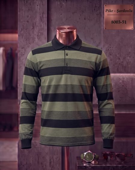 Brushed Piqué Striped Long Sleeve Polo Shirt — 8003-51