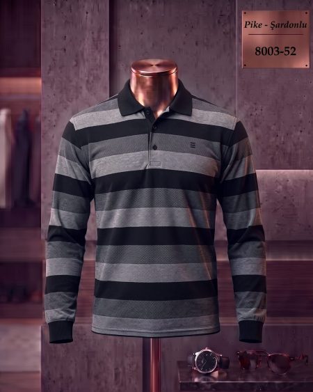 Pike Şardonlu Ringel Polo Yaka Uzun Kollu Tişört — 8003-52