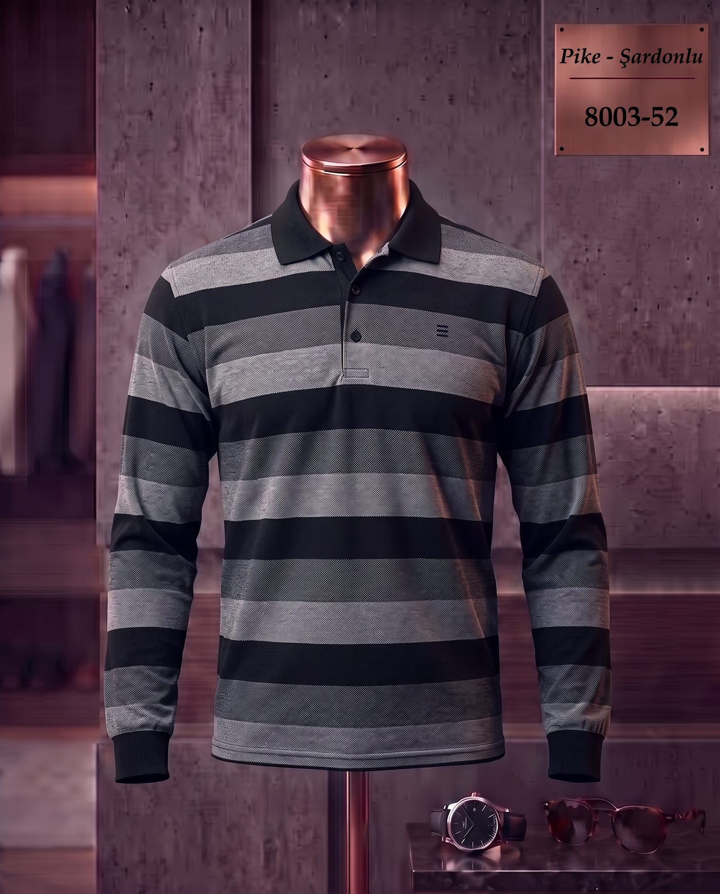 Pike Şardonlu Ringel Polo Yaka Uzun Kollu Tişört — 8003-52