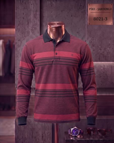 Brushed Piqué Striped Long Sleeve Polo Shirt — 8021-3