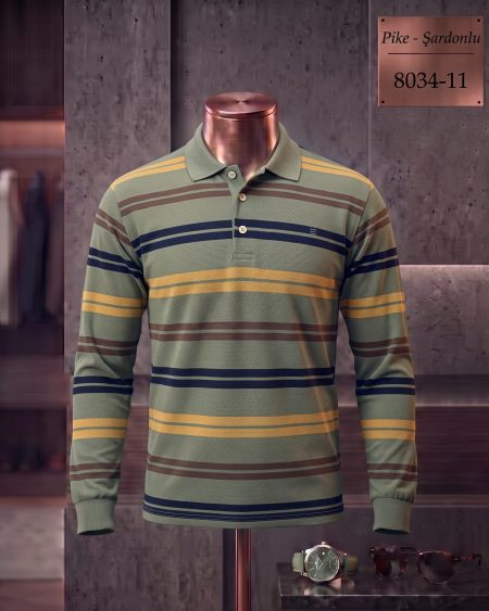 Brushed Piqué Striped Long Sleeve Polo Shirt — 8034-11
