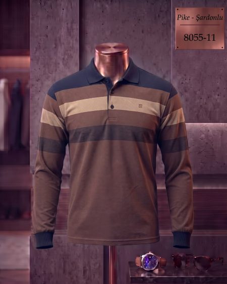 Brushed Piqué Striped Long Sleeve Polo Shirt — 8055-11