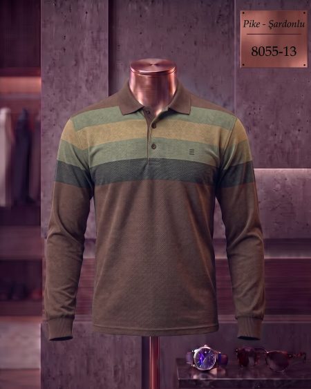 Pike Şardonlu Ringel Polo Yaka Uzun Kollu Tişört — 8055-13