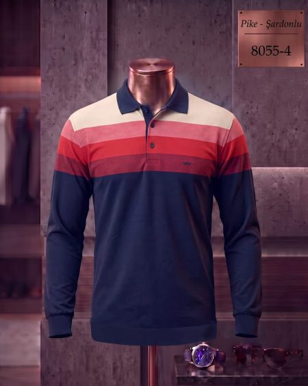 Pike Şardonlu Ringel Polo Yaka Uzun Kollu Tişört — 8055-4