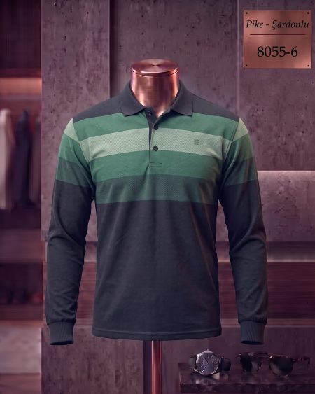Pike Şardonlu Ringel Polo Yaka Uzun Kollu Tişört — 8055-6
