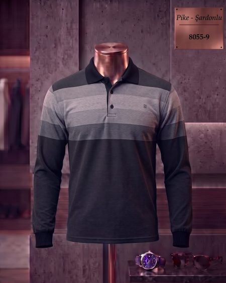 Pike Şardonlu Ringel Polo Yaka Uzun Kollu Tişört — 8055-9