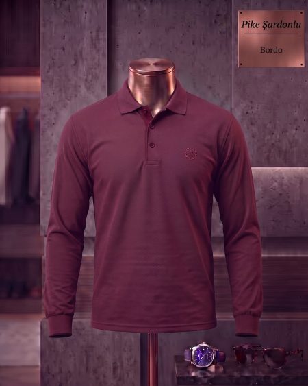 Brushed Piqué Plain Long Sleeve Polo Shirt — Burgundy