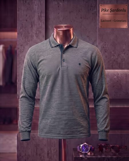 Brushed Piqué Plain Long Sleeve Polo Shirt — Navy, Grey Melange