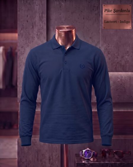 Brushed Piqué Plain Long Sleeve Polo Shirt — Navy, Indigo