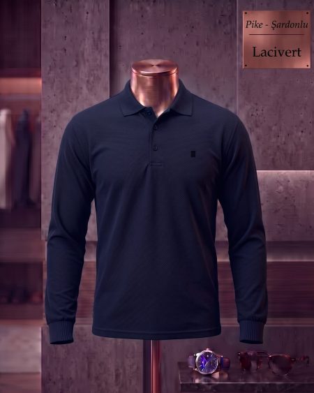 Brushed Piqué Plain Long Sleeve Polo Shirt — Navy