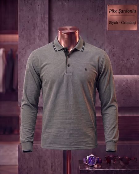 Brushed Piqué Plain Long Sleeve Polo Shirt — Black, Grey Melange