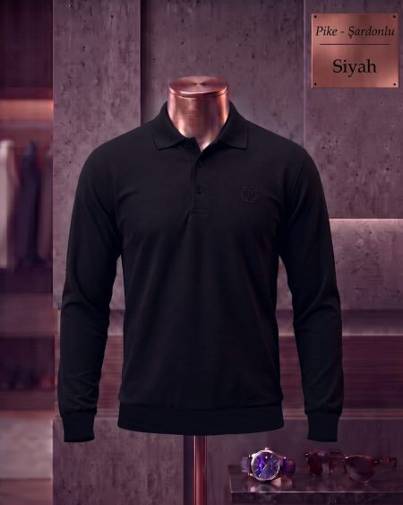 Brushed Piqué Plain Long Sleeve Polo Shirt — Black