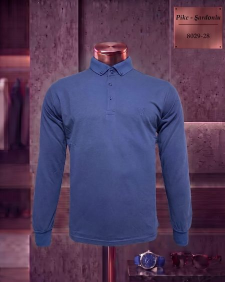 Brushed Piqué Plain Button-Down Long Sleeve Polo Shirt with Side Slits — 8029-28