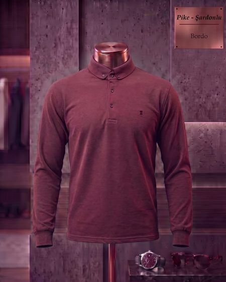 Brushed Piqué Plain Button-Down Long Sleeve Polo Shirt with Side Slits — Burgundy