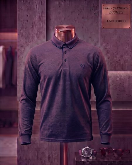 Brushed Piqué Plain Button-Down Long Sleeve Polo Shirt with Side Slits — Navy, Burgundy