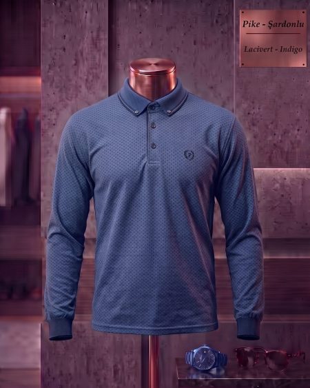 Brushed Piqué Plain Button-Down Long Sleeve Polo Shirt with Side Slits — Navy, Indigo