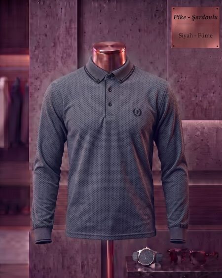 Brushed Piqué Plain Button-Down Long Sleeve Polo Shirt with Side Slits — Black, Smoke Grey