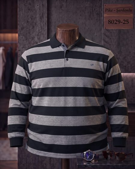 Pike Şardonlu Ringel Yırtmaçlı Polo Yaka Uzun Kollu Tişört (Battal) — 8029-25