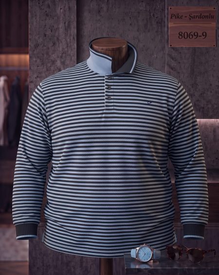 Brushed Piqué Striped Long Sleeve Polo Shirt with Side Slits (Plus Size) — 8069-9