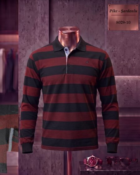 Pike Şardonlu Ringel Yırtmaçlı Polo Yaka Uzun Kollu Tişört — 8029-10