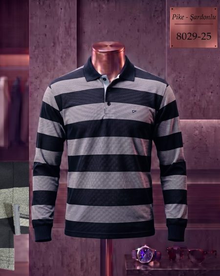 Pike Şardonlu Ringel Yırtmaçlı Polo Yaka Uzun Kollu Tişört — 8029-25