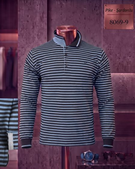 Pike Şardonlu Ringel Yırtmaçlı Polo Yaka Uzun Kollu Tişört — 8069-9